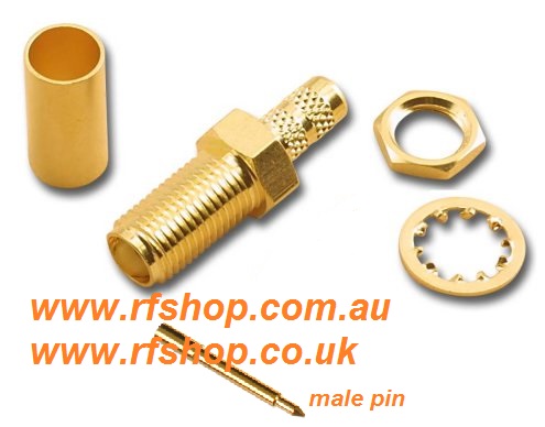 RP-SMA Connector, male inner pin, jack, RG58, LMR195, Bulkhead crimp CH-RAJ-58-BH-0