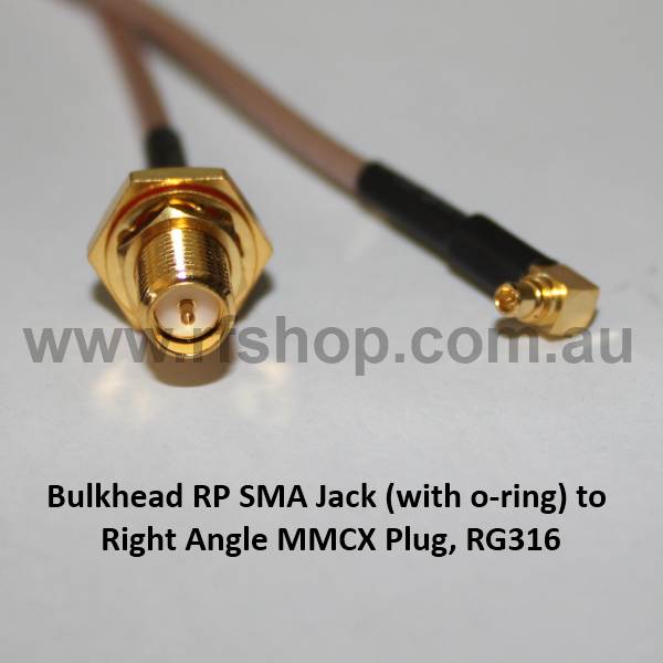 RP SMA Bulkhead Jack (with o-ring) to Right Angle MMCX Plug , RG316, 300mm A95oMMCX39-316-300-0